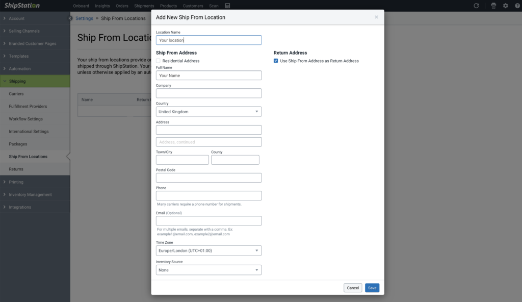 Shipping Origin Shipstation